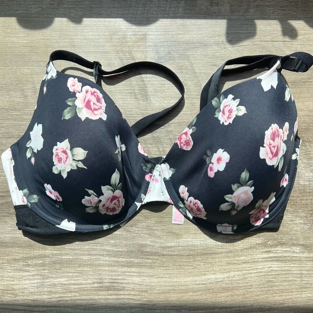 PINK Black Floral Lightly Padded T-shirt Bra 36 DD